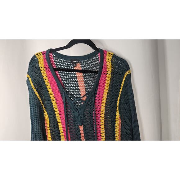 Torrid Striped Open Stitch Pullover Fringe Hem Sweater 1X Kangaroo Pocket Boho - Picture 2 of 7